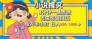 小说推文6.0，简单无脑，3分钟一个原创作品，每天半小时，日入300-1000...-康仁安网创