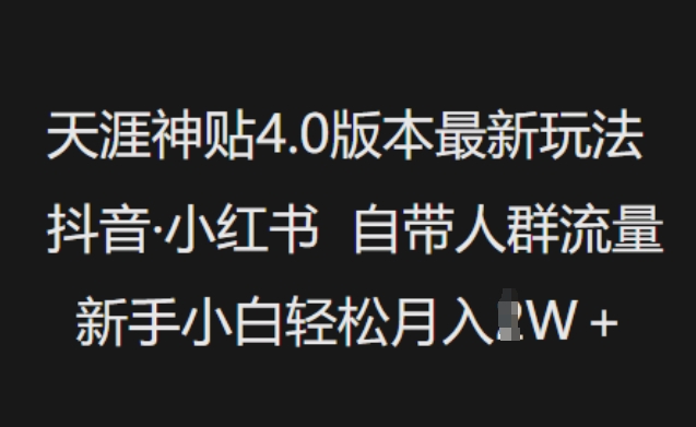 天涯神贴4.0版本最新玩法，抖音·小红书自带人群流量，新手小白轻松月入过W-康仁安网创