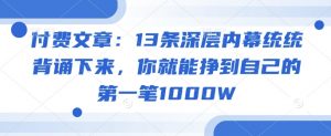 付费文章:13条深层内幕统统背诵下来,你就能挣到自己的第一笔1000W-康仁安网创