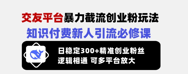 交友平台暴力截流创业粉玩法,知识付费新人引流必修课,日稳定300+精准创业粉丝,逻辑相通可多平台放大-康仁安网创