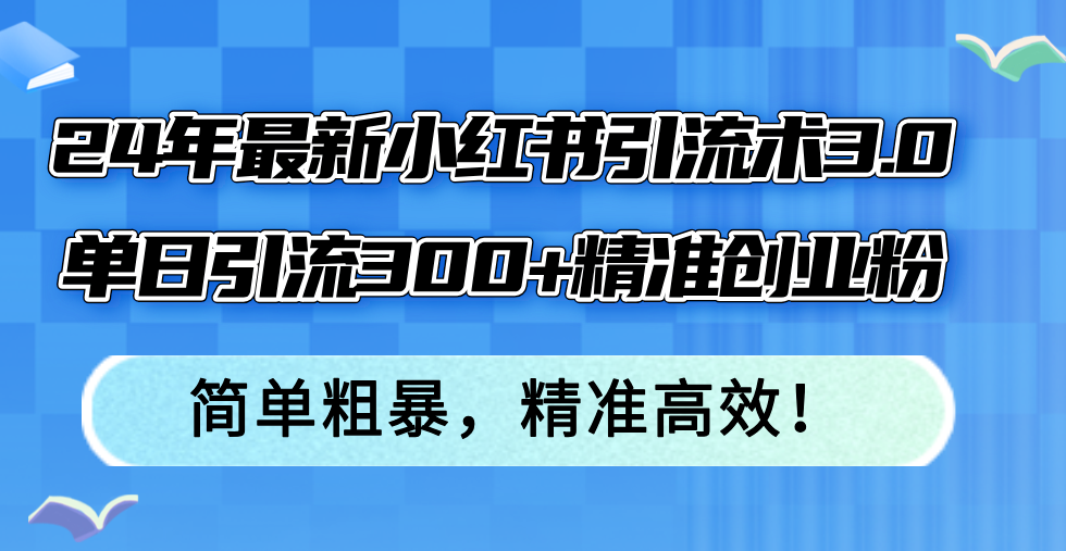 24年最新小红书引流术3.0，单日引流300+精准创业粉，简单粗暴，精准高效！-康仁安网创
