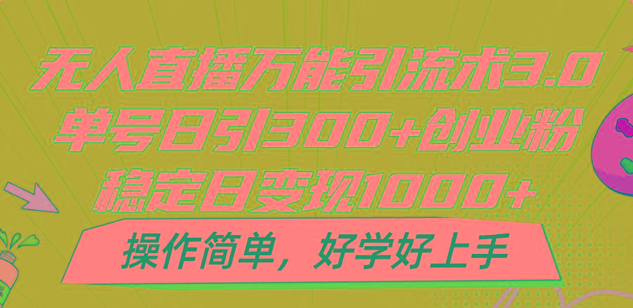 无人直播万能引流术3.0，单号日引300+创业粉，稳定日变现1000+，操作简单-康仁安网创
