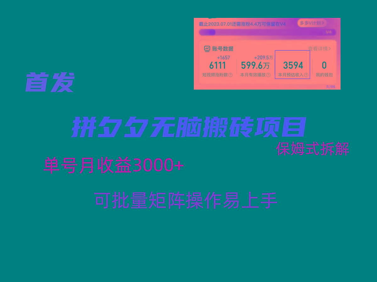 拼夕夕无脑搬砖，单号稳定收益3000+，保姆式拆解-康仁安网创
