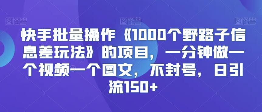 快手批量操作《1000个野路子信息差玩法》的项目，一分钟做一个视频一个图文，不封号，日引流150+【揭秘】-康仁安网创
