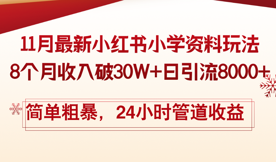 11月份最新小红书小学资料玩法，8个月收入破30W+日引流8000+，简单粗暴-康仁安网创