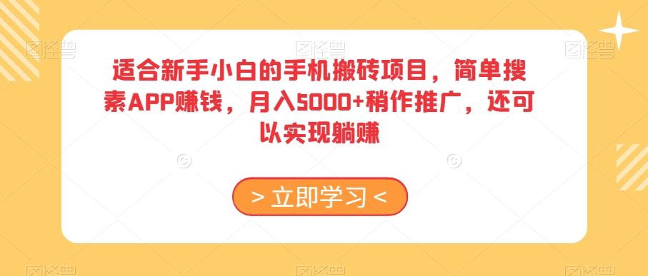 适合新手小白的手机搬砖项目，简单搜素APP赚钱，月入5000+稍作推广，还可以实现躺赚【揭秘】-康仁安网创