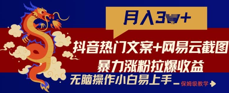 抖音热门文案+网易云截图暴力涨粉拉爆收益玩法，小白无脑操作，简单易上手【揭秘】-康仁安网创