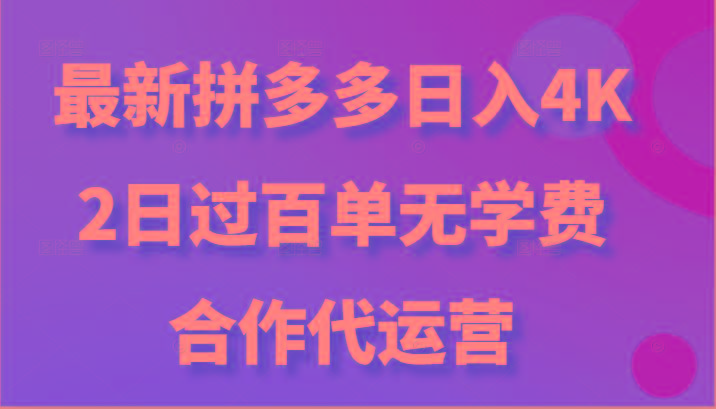 最新拼多多，日入4K+，2日过百单无学费，合作代运营-康仁安网创